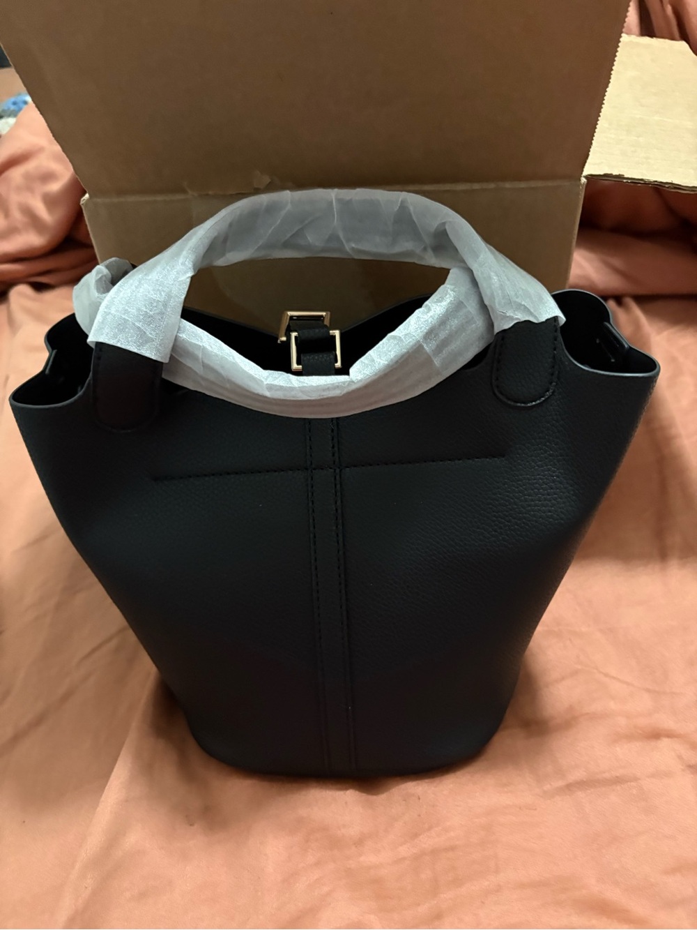 Valentino Orlandi Black Pebbled Leather Bucket Tote with Gold Padlock - Picture 3 of 7